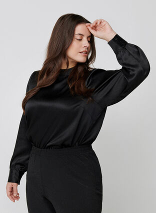 Shiny blouse with long puff sleeves, Black, Model image number 0