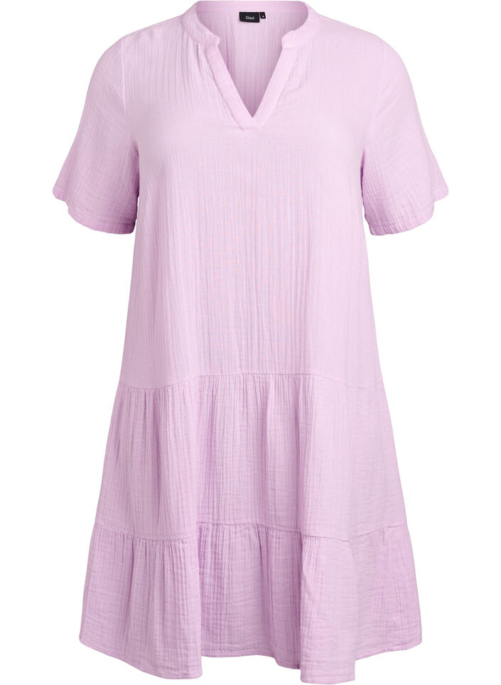 Short A-line dress in cotton muslin, Purple, Packshot image number 0