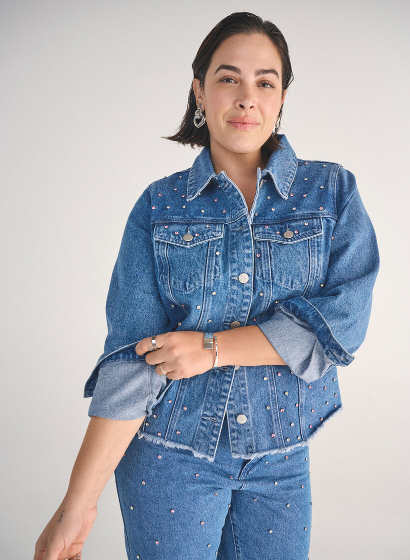 Denim jacket with rhinestones and a raw hem, Blue, Image image number 0