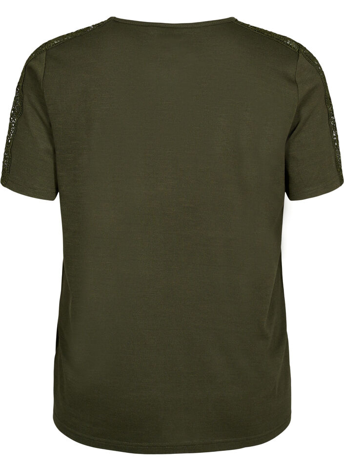 Short-sleeved blouse with lace and v-neck, Forest Night, Packshot image number 1