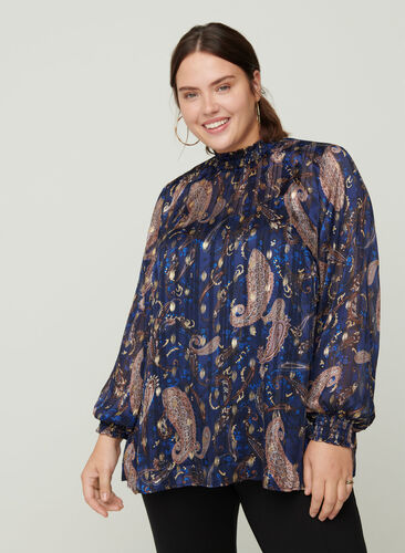 Printed high neck blouse with smocking, Paisley Foil, Model image number 0