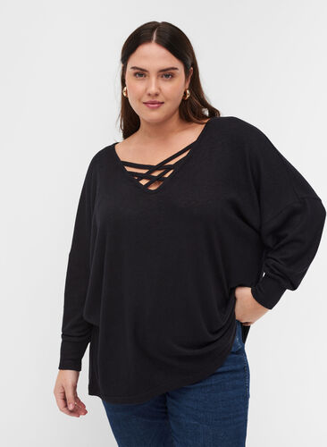 Promotional item - Long-sleeved viscose blouse with v-neck, Black, Model image number 0
