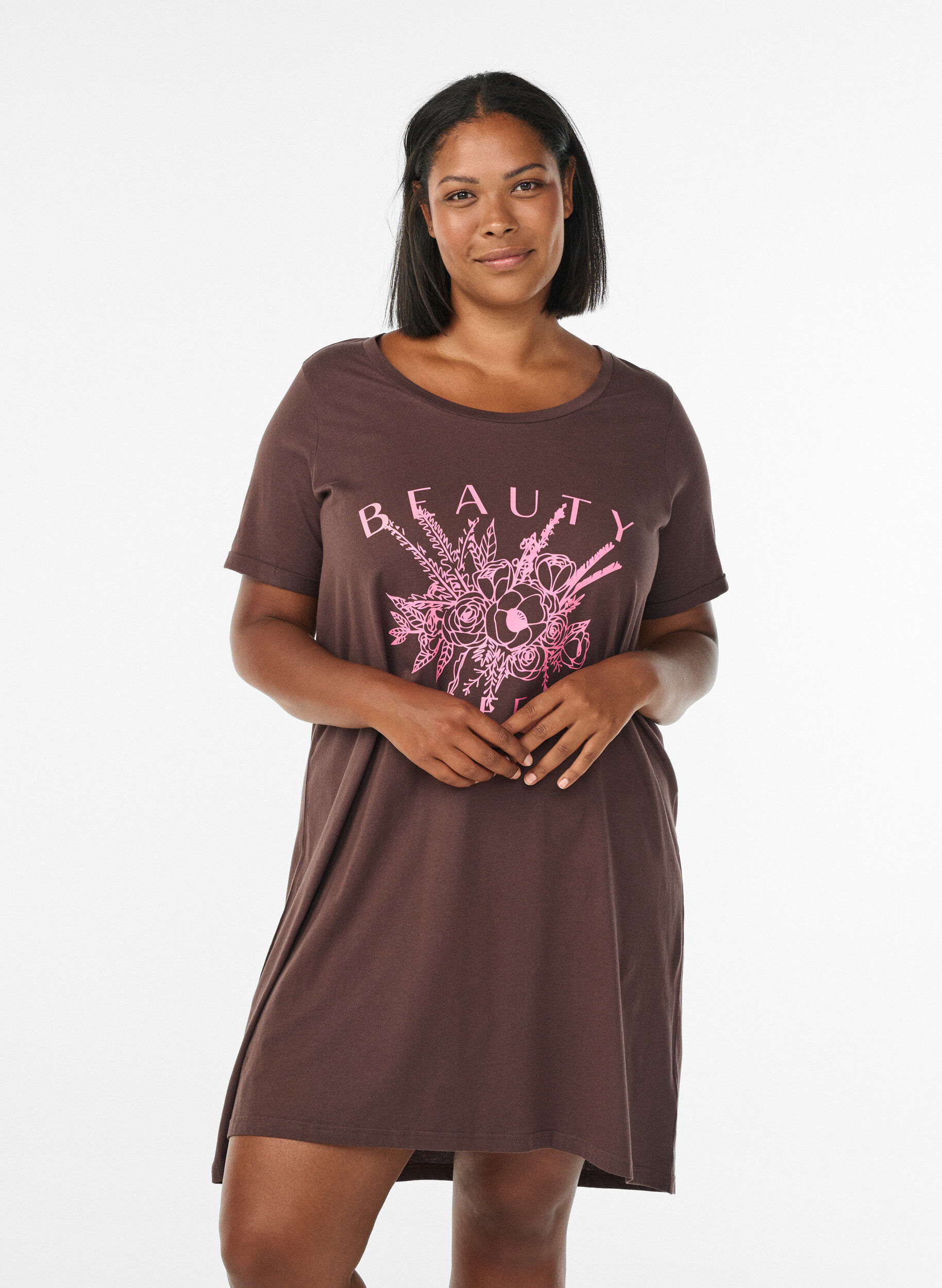 ZizzifashionShort-sleeved nightgown in organic cotton, Brown, Model image number 0