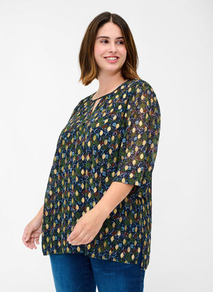 Printed blouse with 3/4 sleeves, Flower AOP, Model image number 0