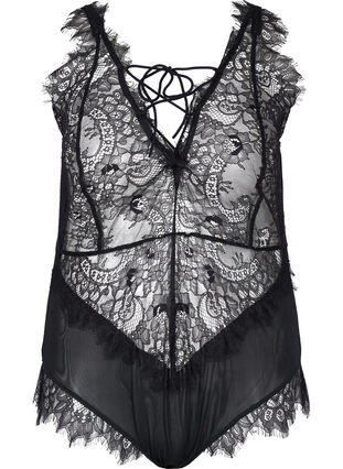 Lace bodysuit with mesh, Black, Packshot image number 0