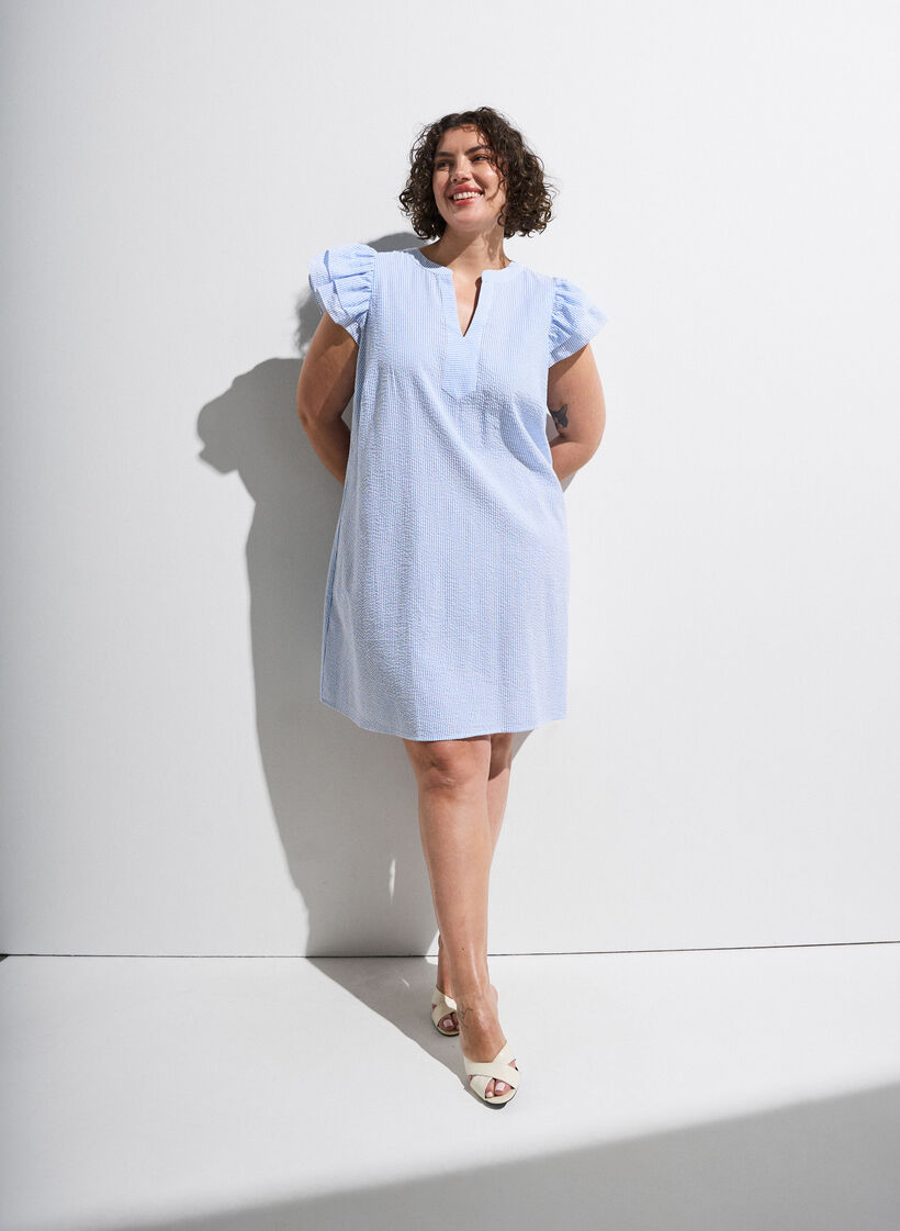 Striped cotton dress with ruffles and an A-line fit, Light Blue, Image image number 0