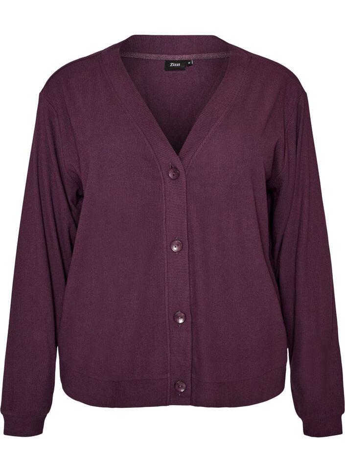 Ribbed jersey cardigan with V-neck, Purple, Packshot image number 0