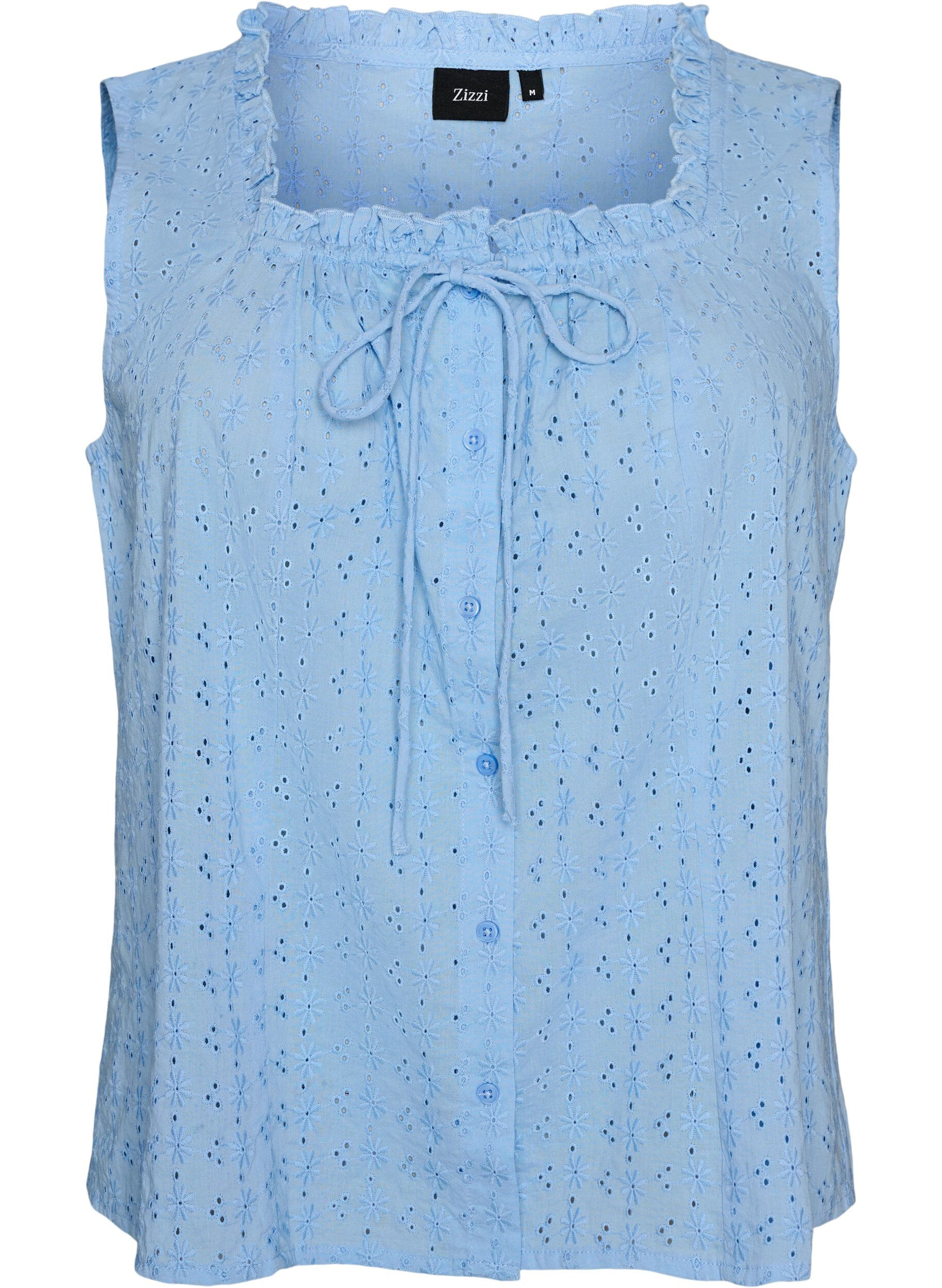 Zizzifashion Sleeveless blouse with broderie anglaise and ruffles, Light Blue, Packshot image number 0