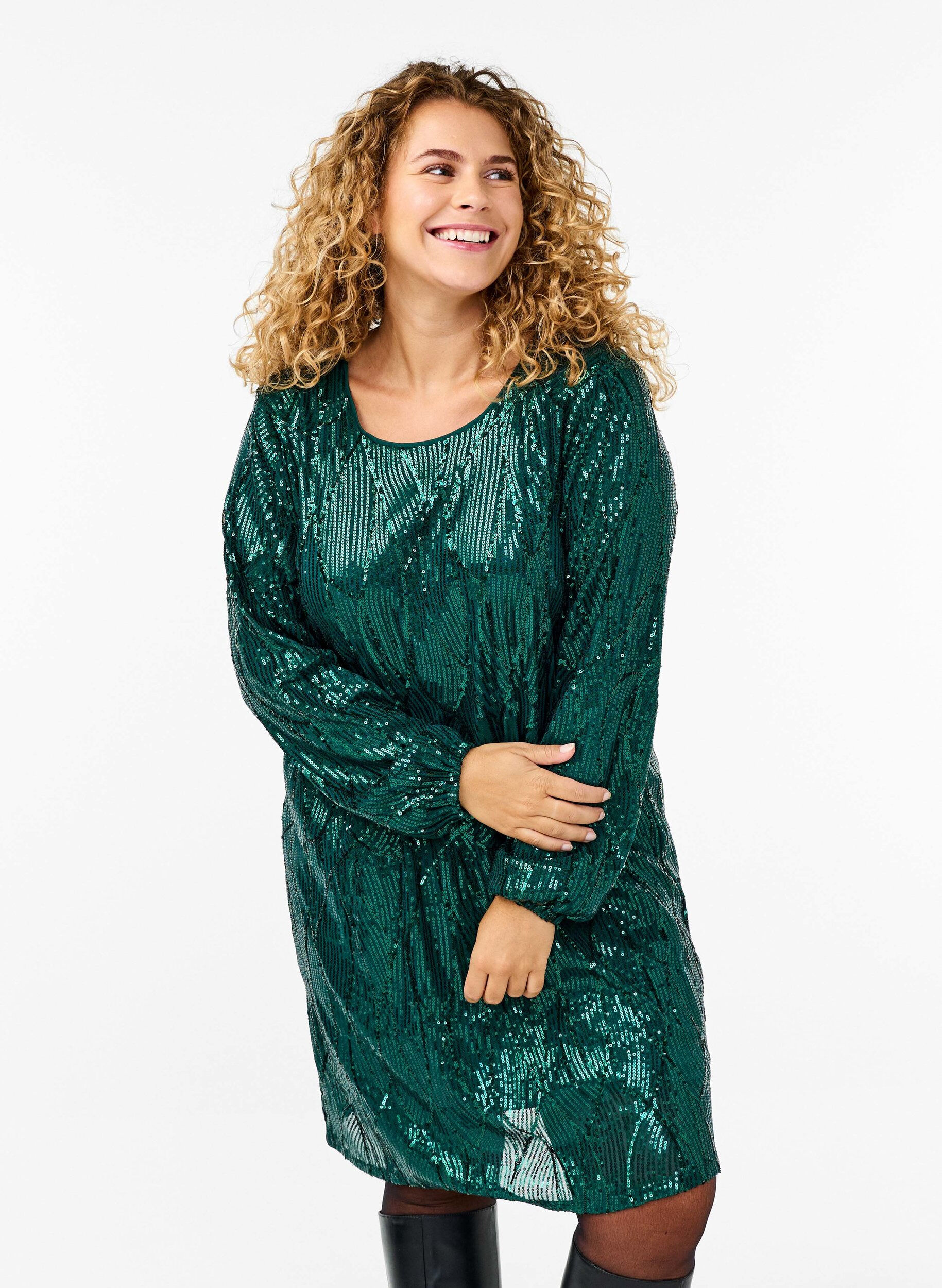 Zizzifashion Long-sleeved sequin dress with pattern, Rain Forest, Model image number 0