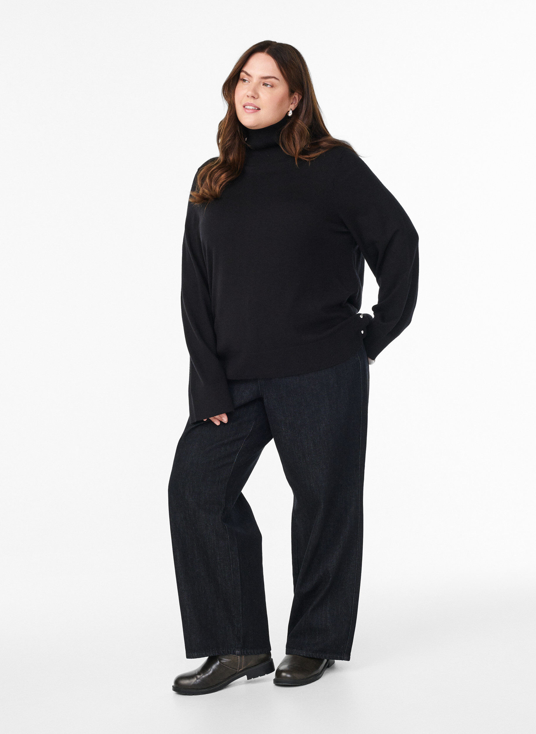 Zizzifashion Knitted blouse with turtleneck and side buttons, Black, Model image number 1