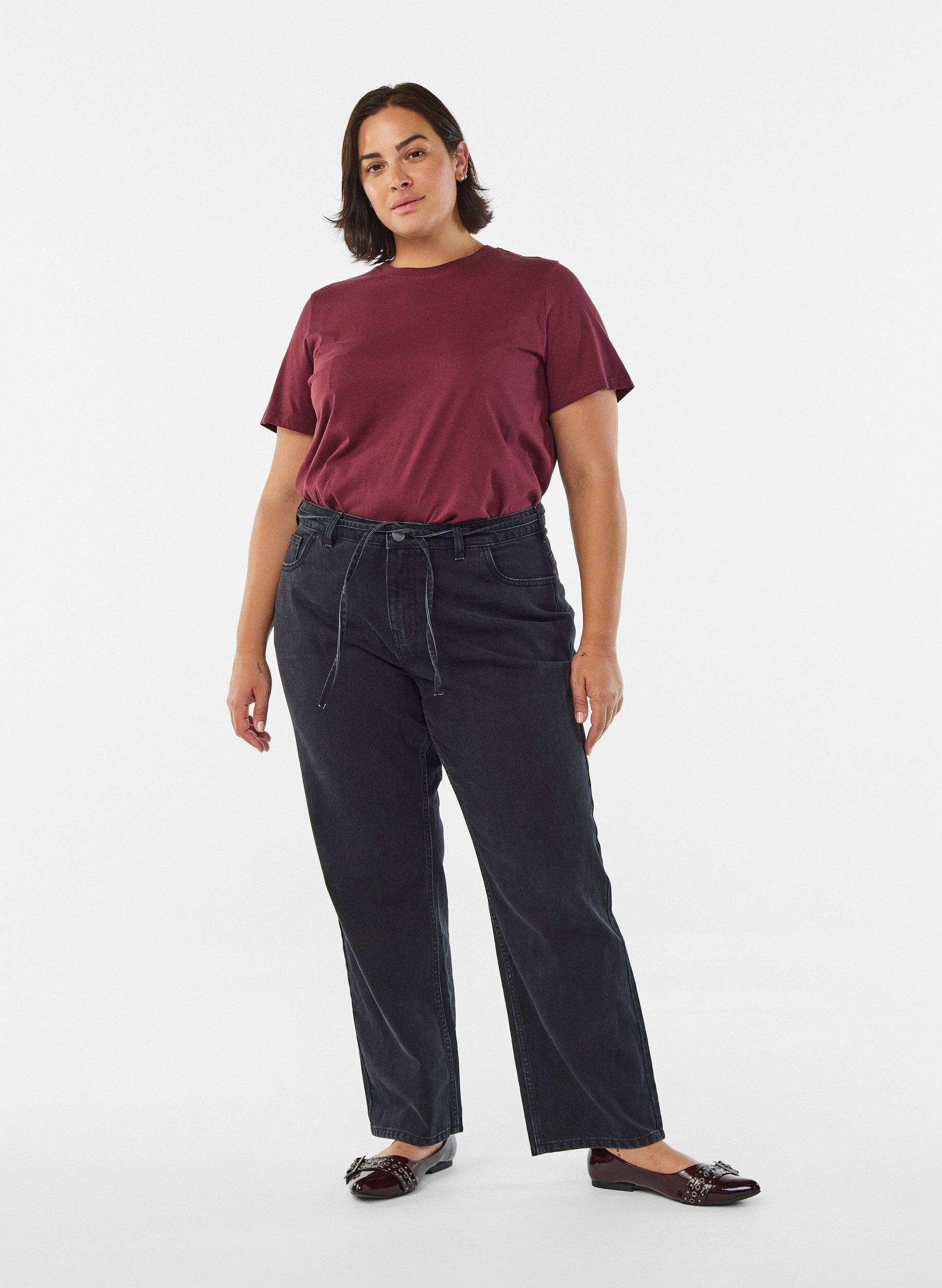 ZizzifashionBasic cotton T-shirt with round neck, Dark Bordeaux, Model image number 1