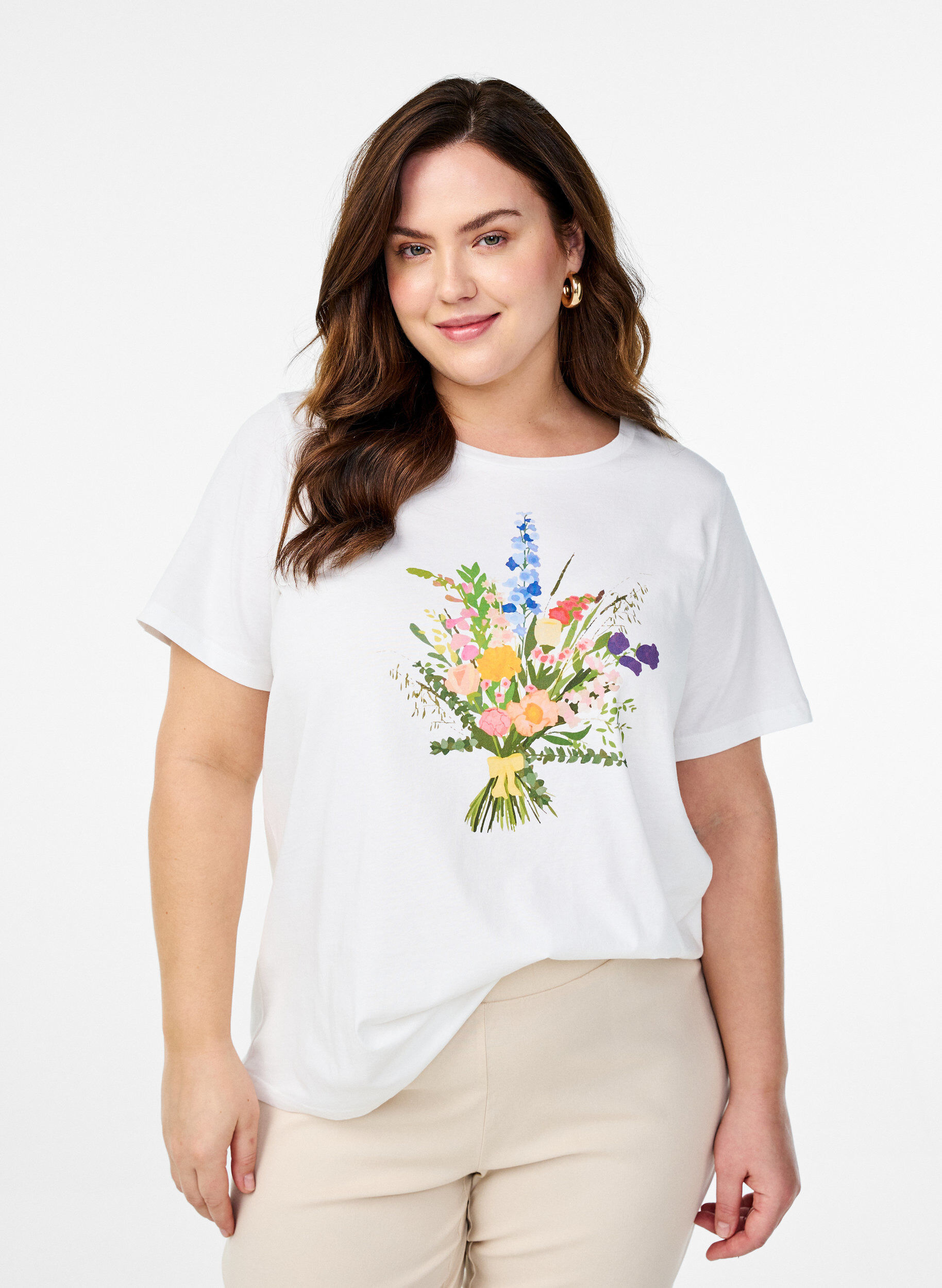 Zizzifashion T-shirt in organic cotton with floral print, B. White w. Flower, Model image number 0