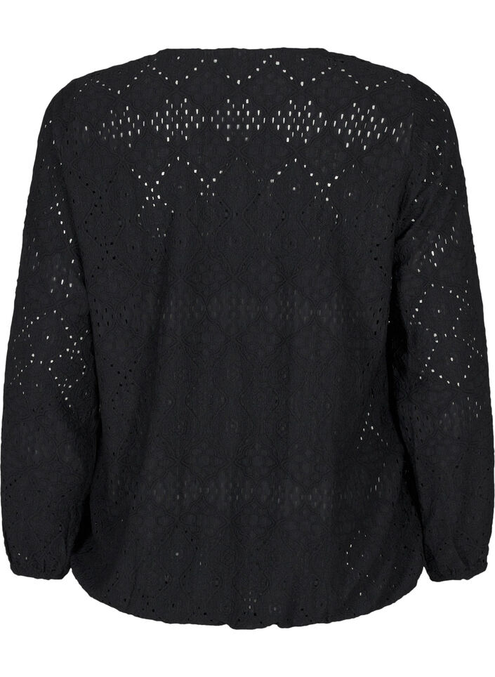 Long-sleeved blouse with V-neck and hole pattern, Black, Packshot image number 1