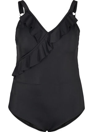 Swimsuit with v-neck and ruffles, Black, Packshot image number 0