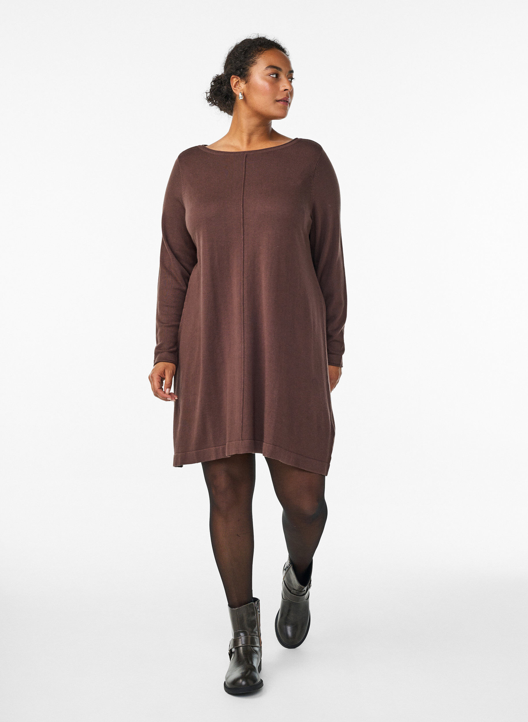ZizzifashionKnitted dress in cotton-viscose blend, Brown, Model image number 1