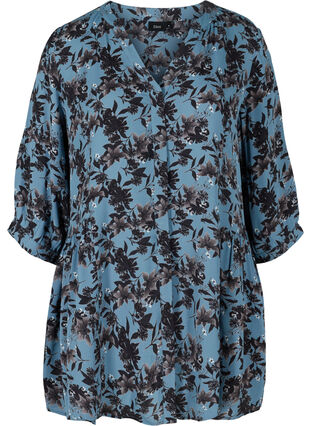 Viscose tunic with 3/4 sleeves and floral print, Blue w. Flower AOP, Packshot image number 0