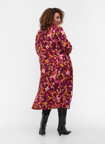 Floral viscose dress with 3/4 sleeves, Hot Pink Flower, Model image number 1