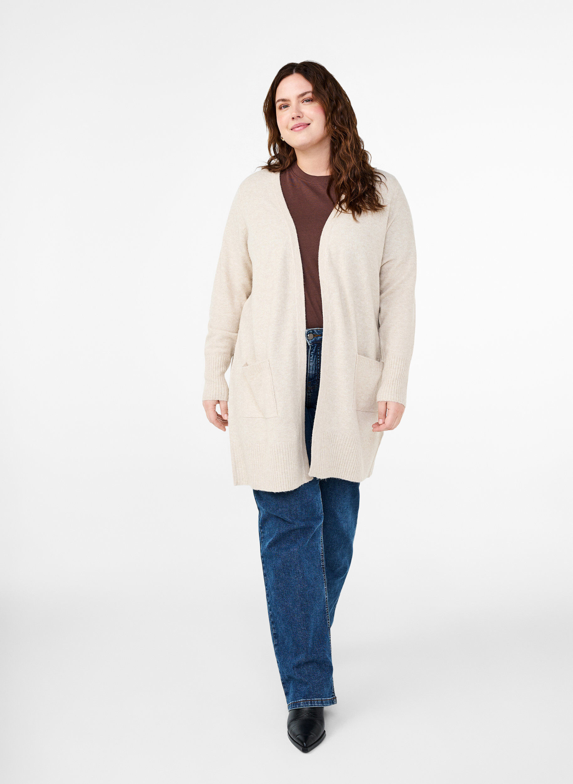 Zizzifashion Ribbed Knit Cardigan with Pockets, Beige, Model image number 1