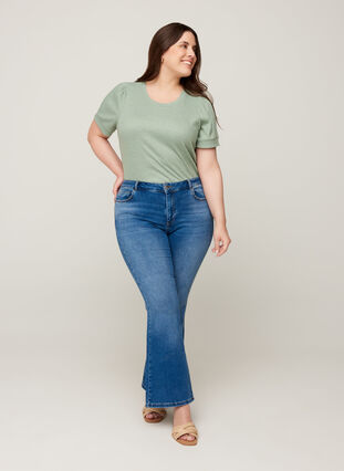 Short-sleeved ribbed t-shirt made from a viscose mix, Lily Pad, Model image number 2