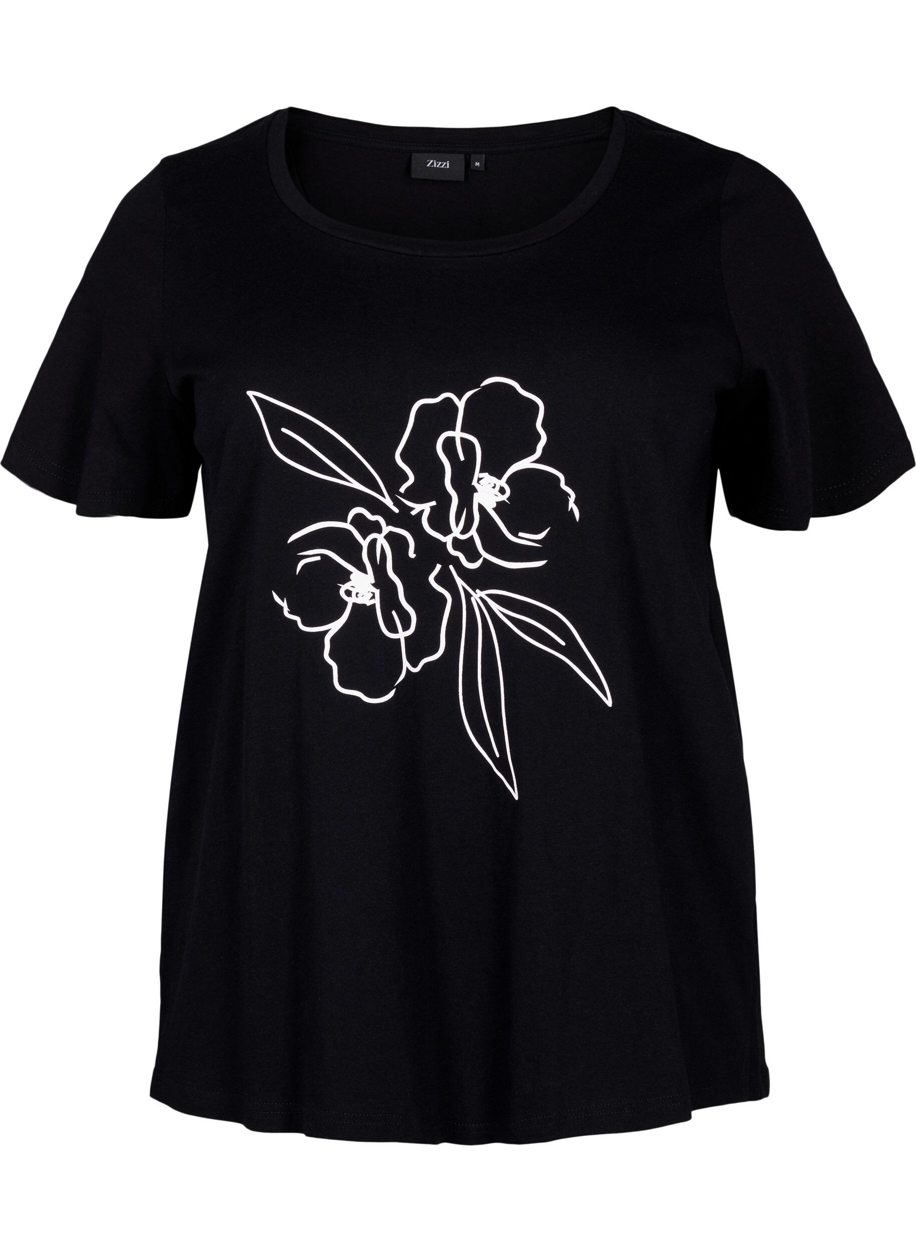 Zizzifashion Cotton T-shirt with a motif, Black w. Flower, Packshot image number 0