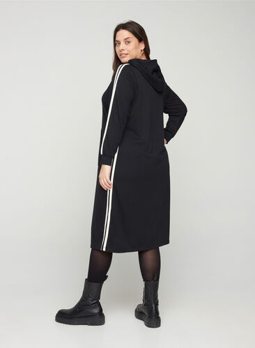 Long sweater dress with a hood and pocket, Black, Model image number 1