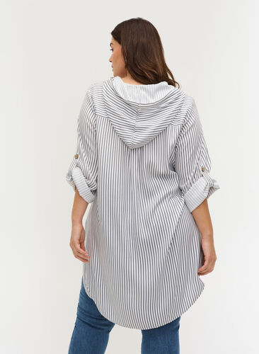 Viscose tunic with hood and 3/4-length sleeves, Black White Stripe, Model image number 1