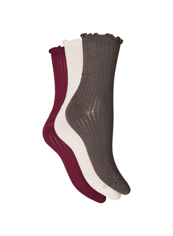 3-pack of ribbed socks with a wavy edge, Brown, Packshot image number 1