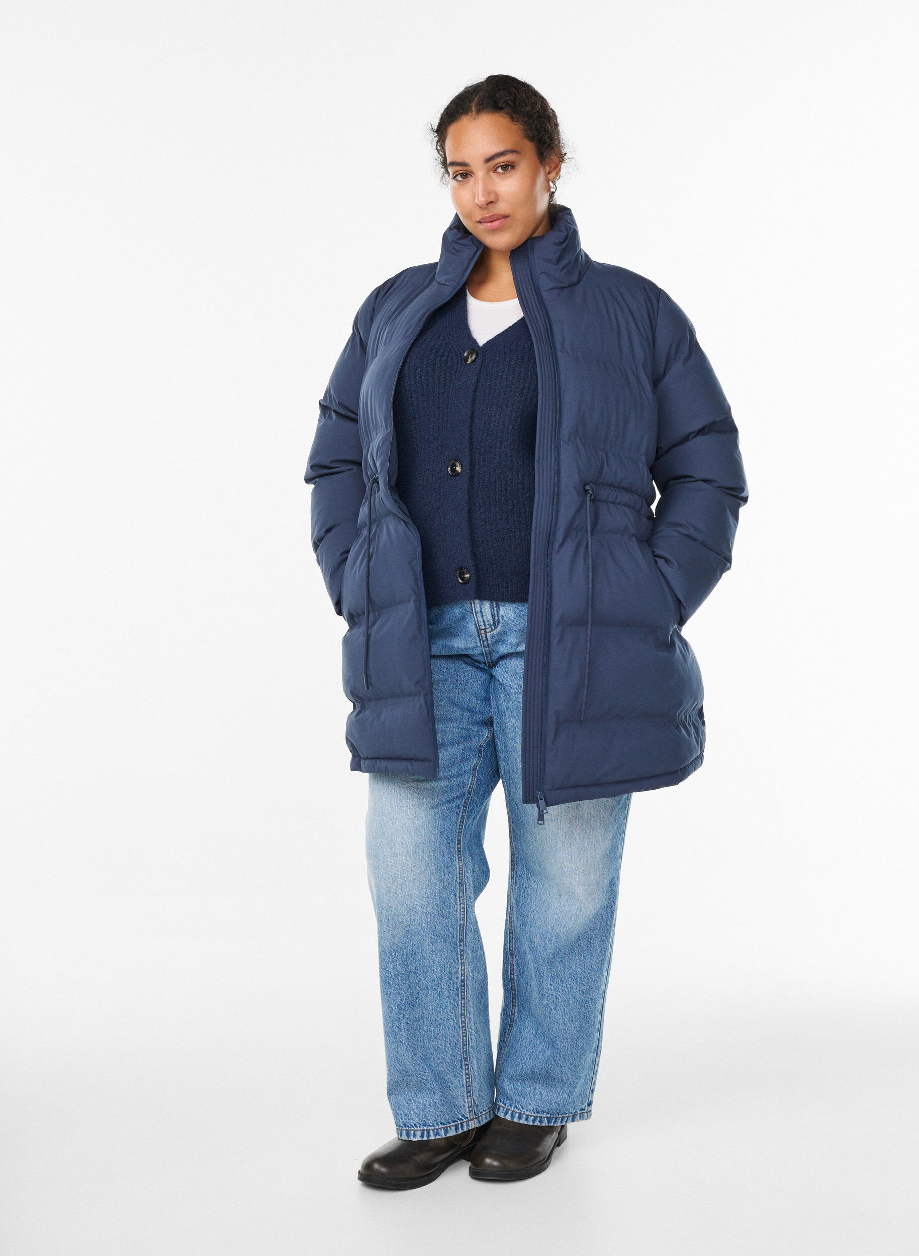 Zizzifashion Mid-length puffer jacket with adjustable waist, Blue, Model image number 1
