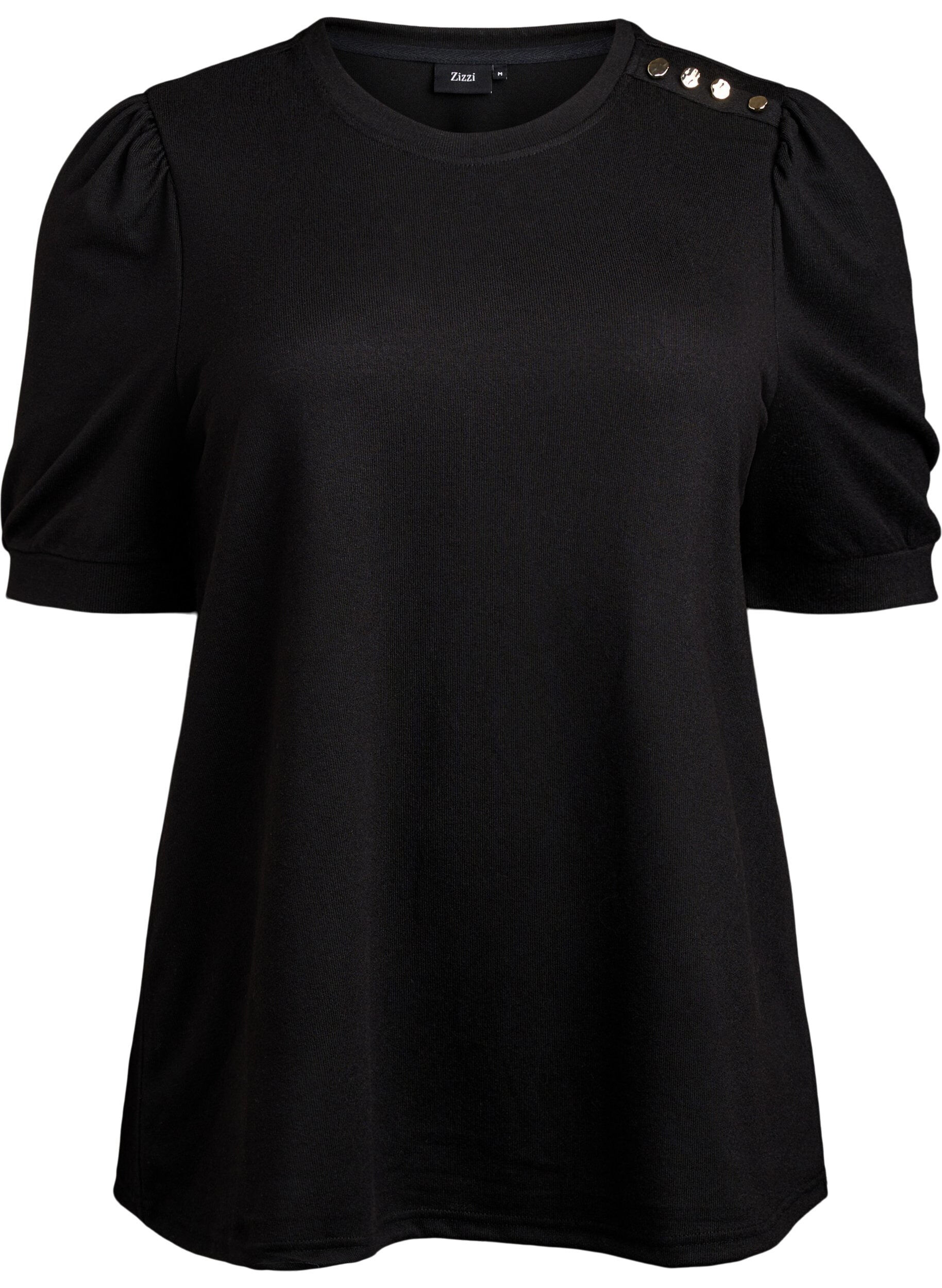 ZizzifashionBlouse with button detail and short puff sleeves, Black, Packshot image number 0