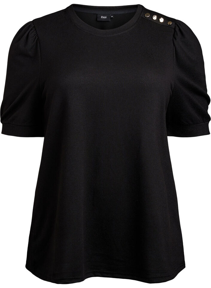Blouse with button detail and short puff sleeves, Black, Packshot image number 0