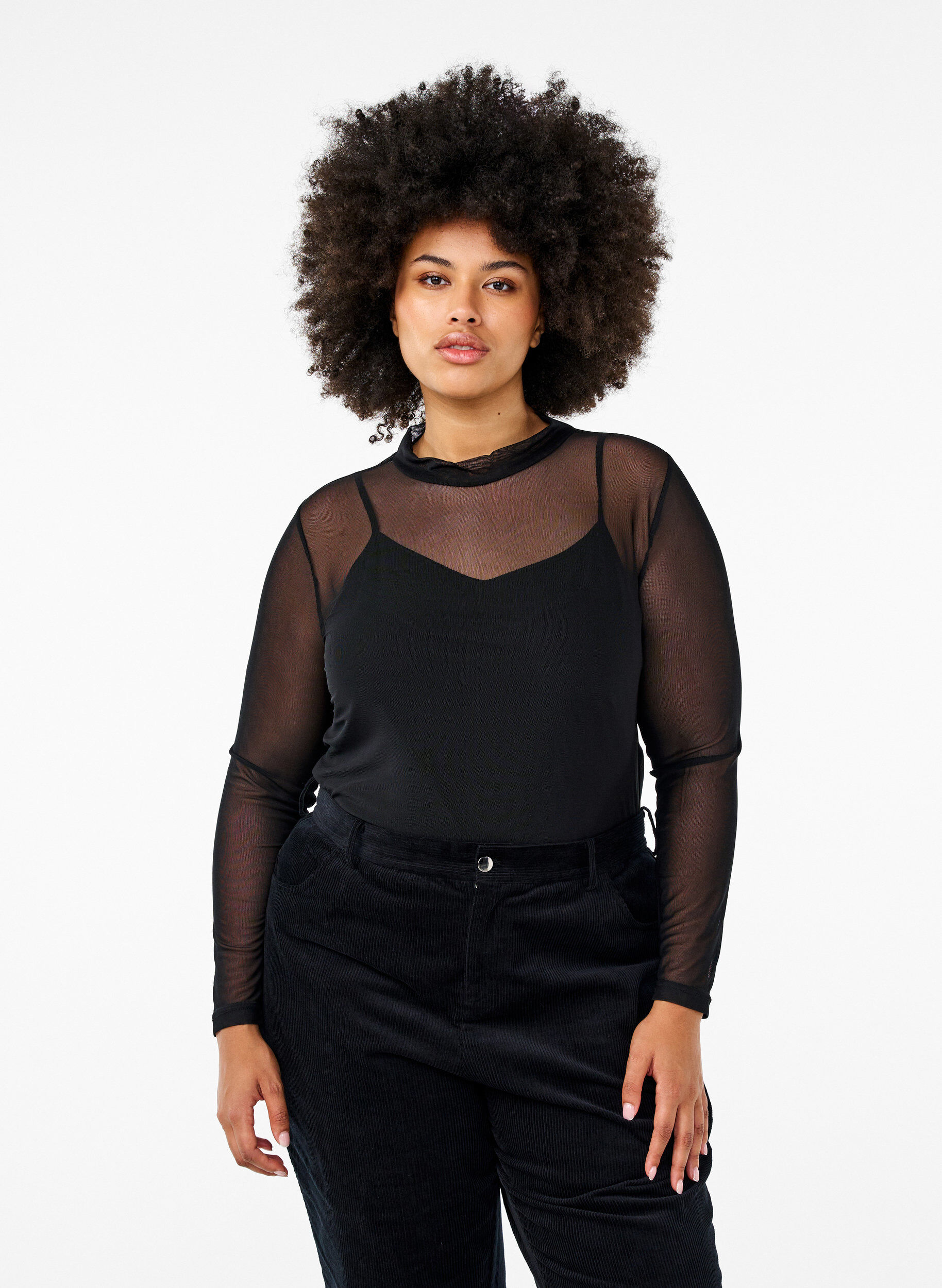 Fitted mesh blouse with long sleeves, Black, Model