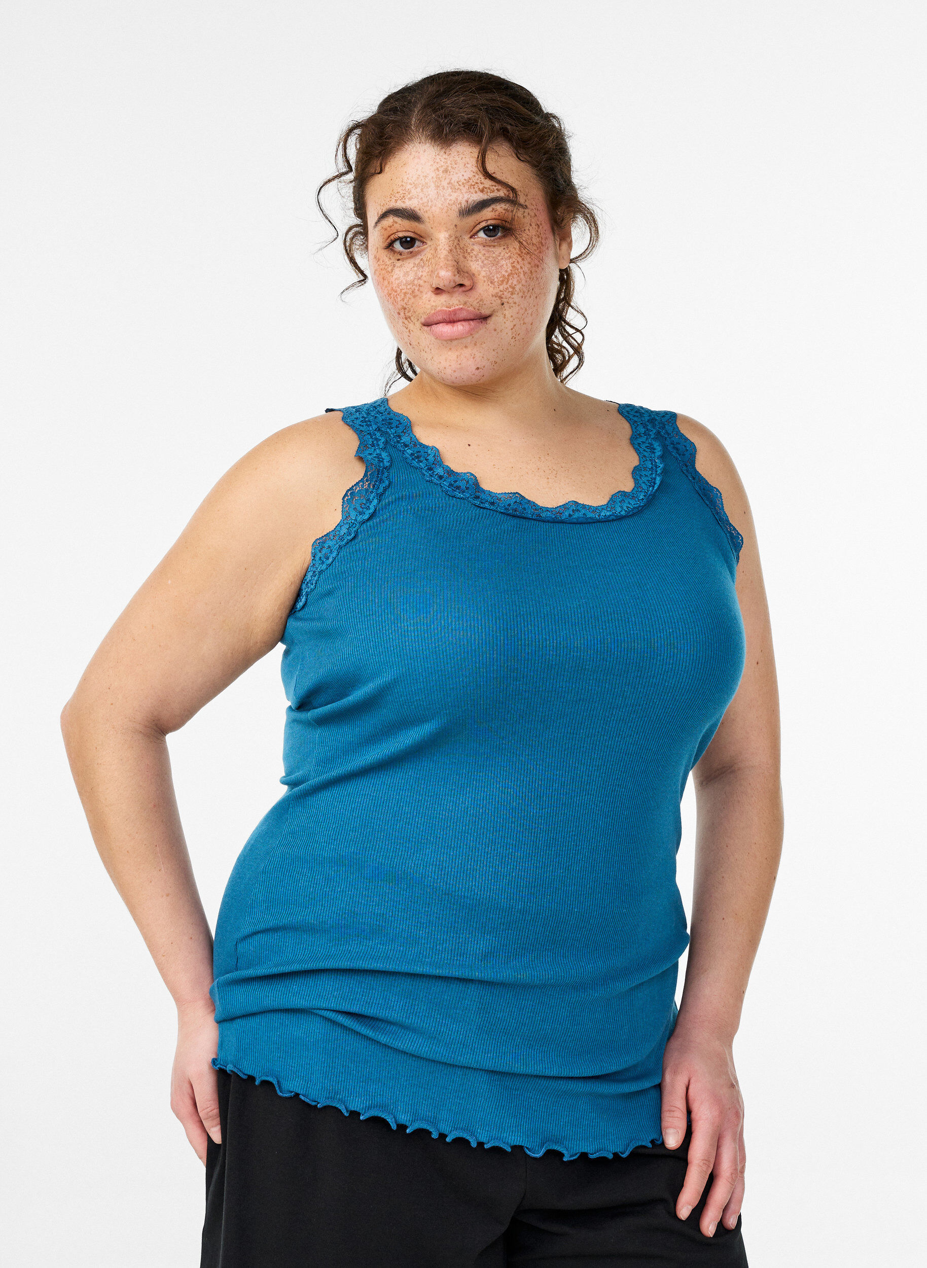 ZizzifashionTop with lace trim, Petrol, Model image number 0