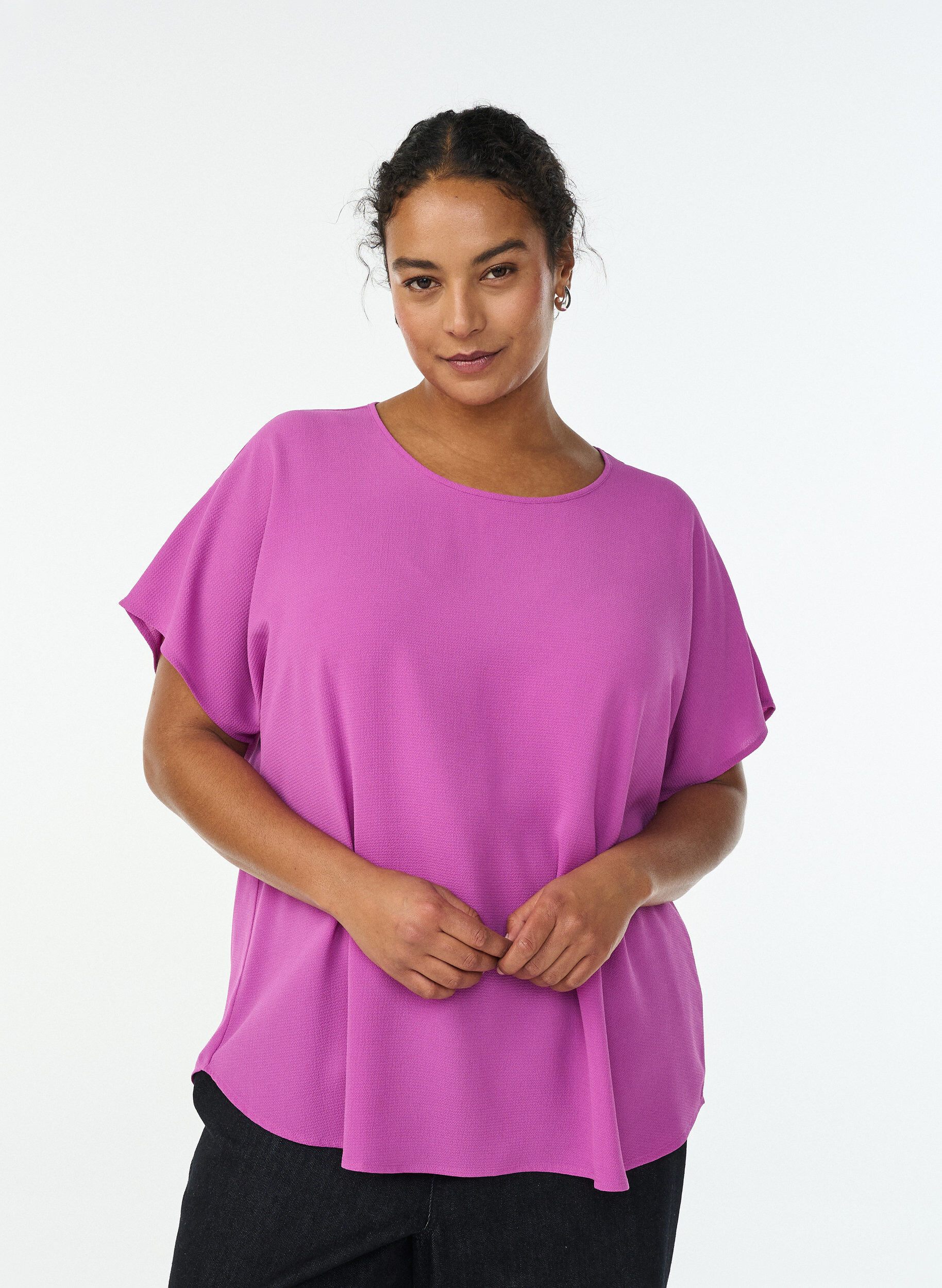 Zizzifashion Blouse with short sleeves and a round neckline, Purple, Model image number 0