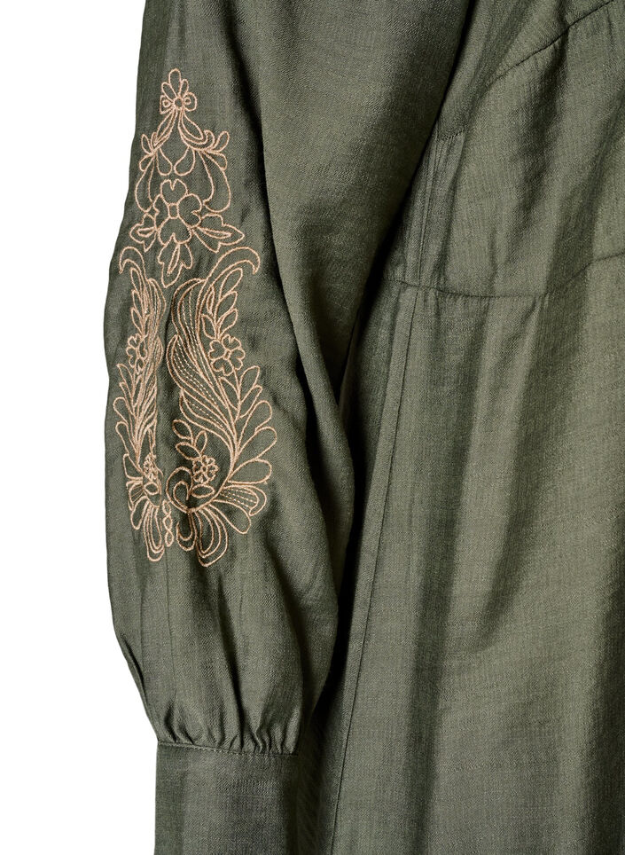 Viscose dress with embroidery and tiered ruffles, Green, Packshot image number 3