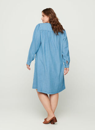 Long-sleeved denim dress with puff sleeves, Blue denim ASS, Model image number 0