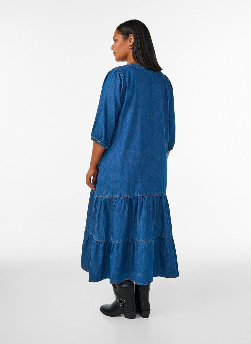 Denim maxi dress with frilled tiers, Blue, Model image number 1