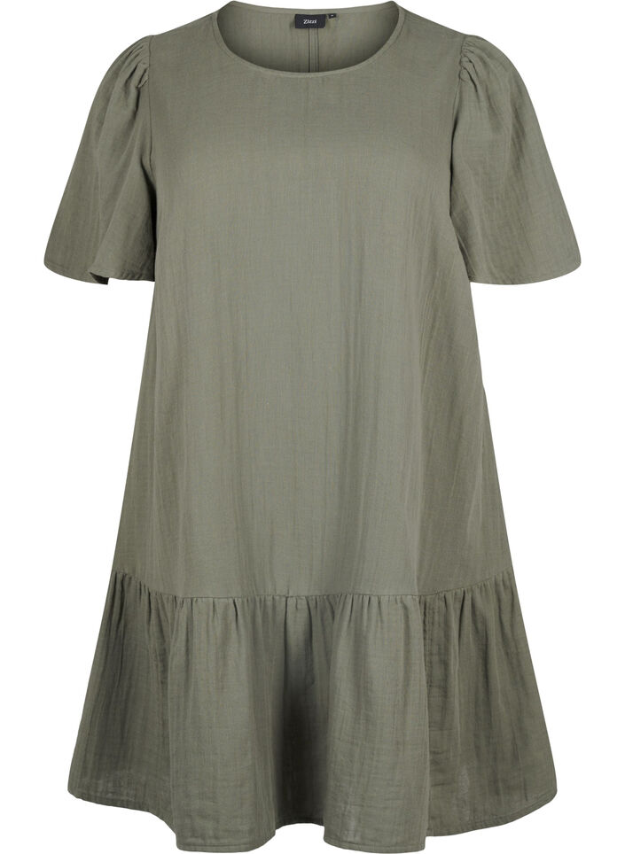 Cotton short-sleeved dress with a-line cut, Thyme, Packshot image number 0