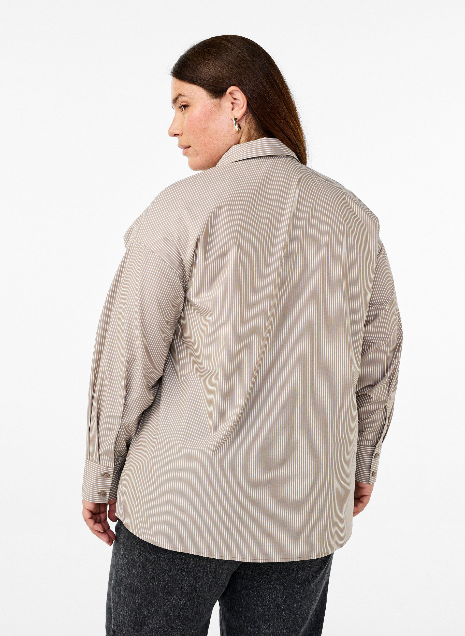 Zizzifashion Loose long-sleeved shirt with stripes, Brown, Model image number 2