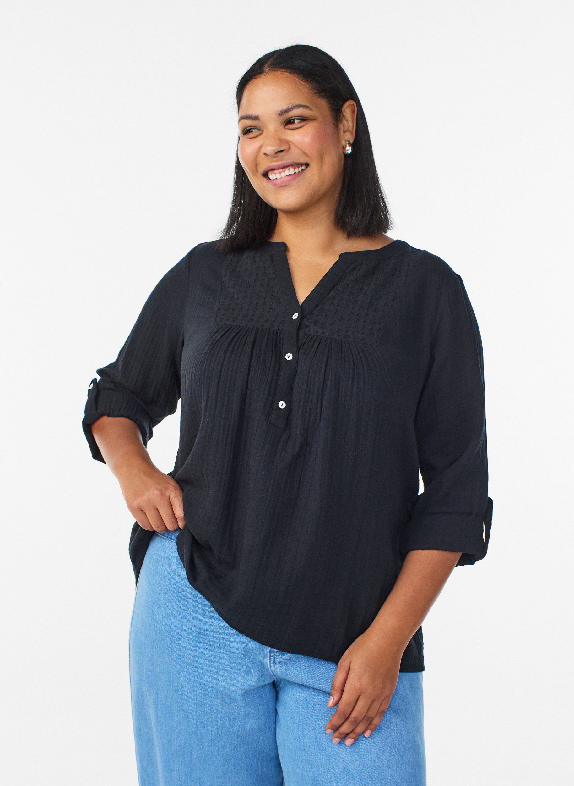 ZizzifashionBlouse in cotton muslin with broderie anglaise, Black, Model image number 0