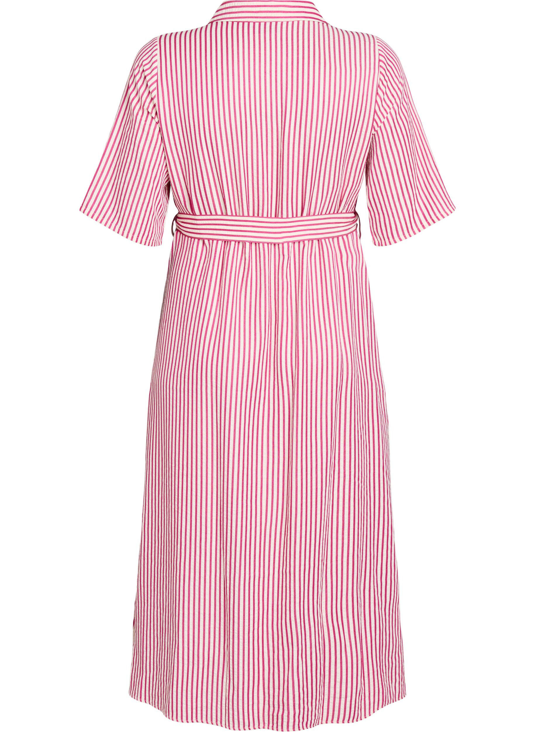 Zizzifashion Ankle-length shirt dress with tie belt and stripes, Pink, Packshot image number 1