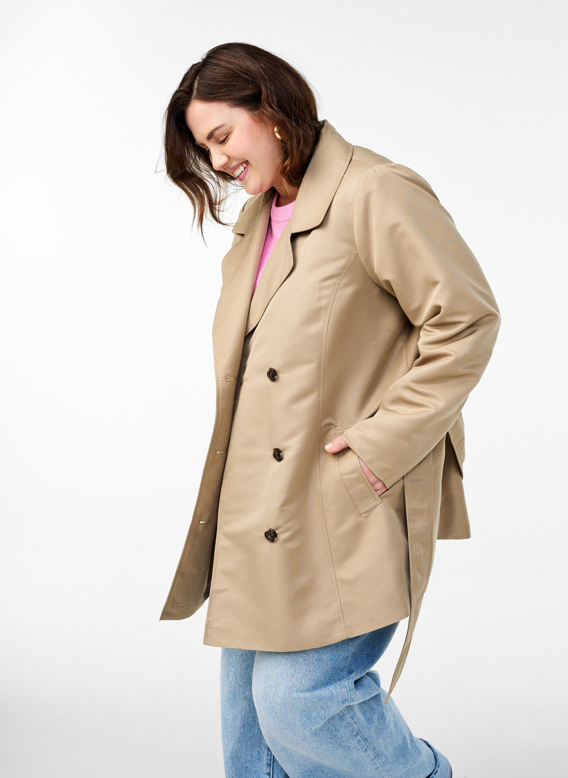 Zizzifashion Short trench coat with belt, Beige, Model image number 3