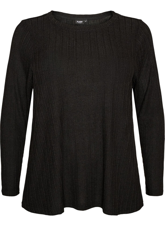 Jersey blouse with ribbed structure and long sleeves, Black, Packshot image number 0