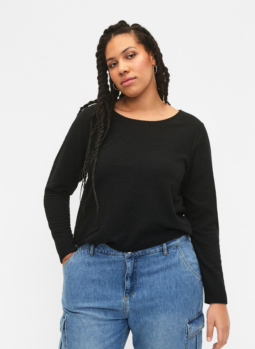 Long-sleeved blouse with texture, Black, Model image number 3