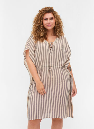 Striped beach dress in viscose, Sand Striped, Model image number 0