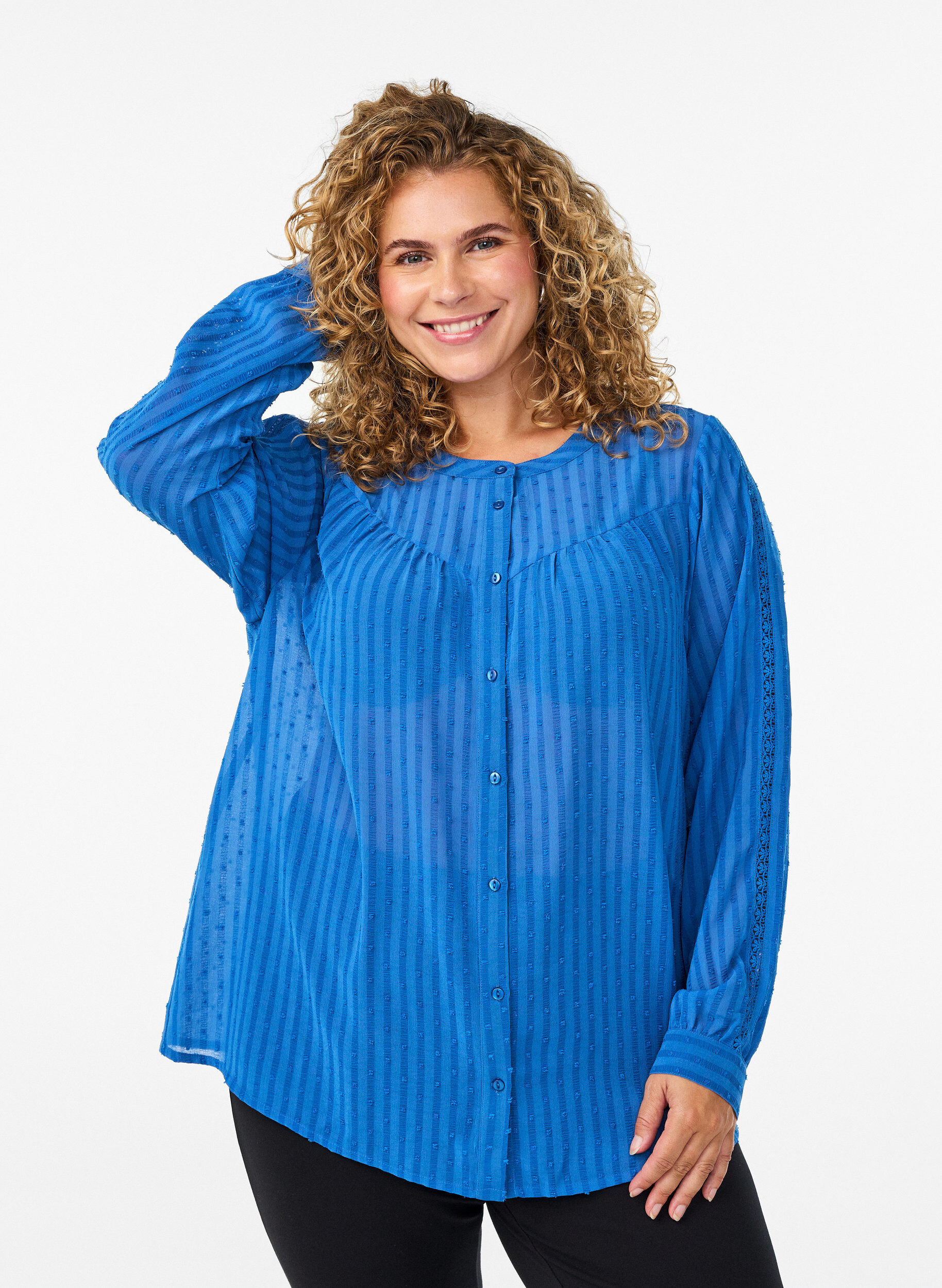 Shirt with a textured dot pattern and embroidery details, Blue, Model