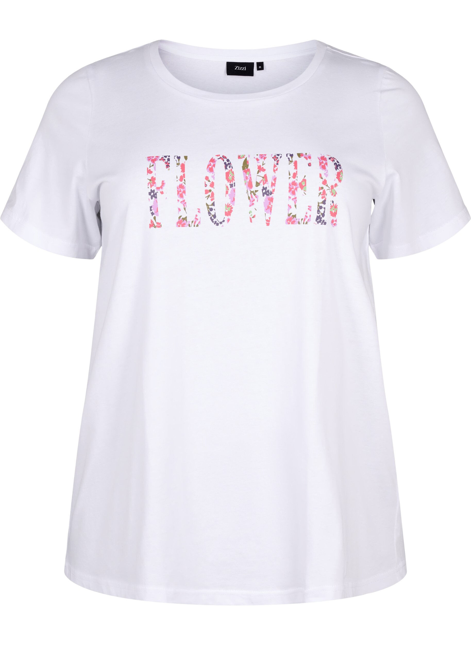 Zizzifashion Cotton T-shirt with text print, B. White w. Flower, Packshot image number 0