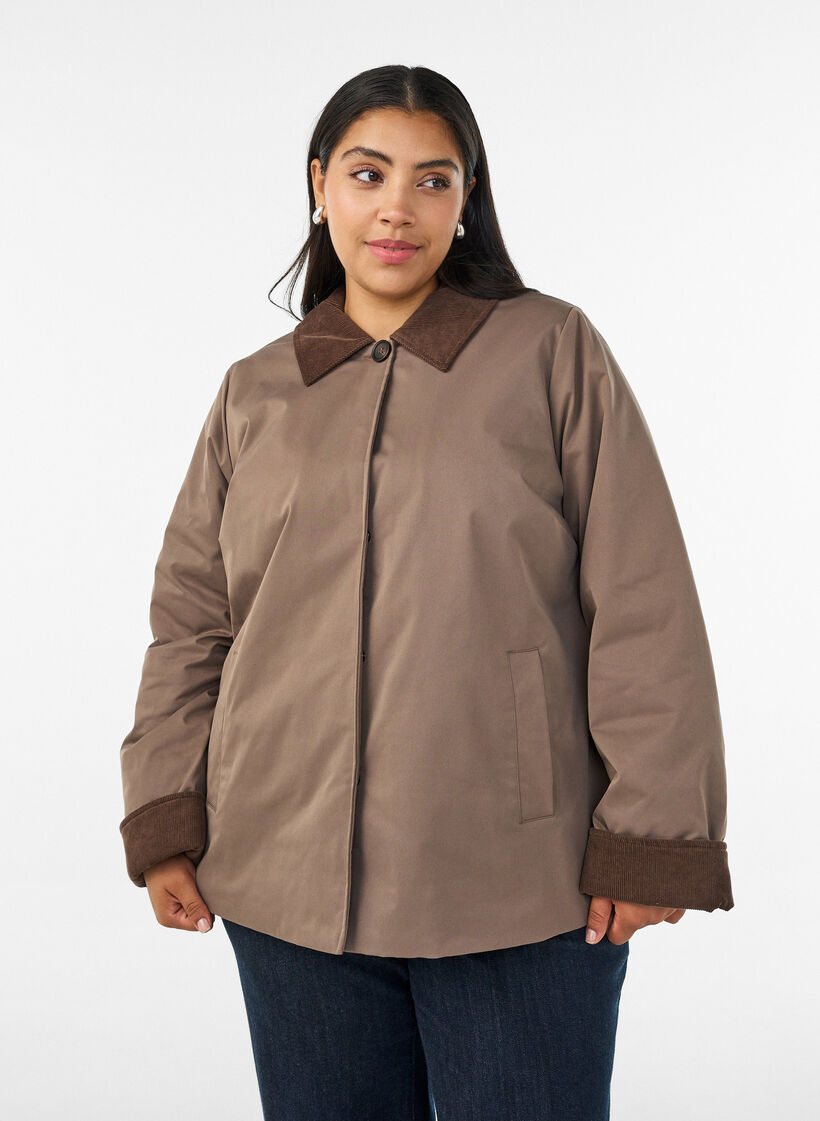 Lightly padded jacket with a corduroy collar, Brown, Model image number 0