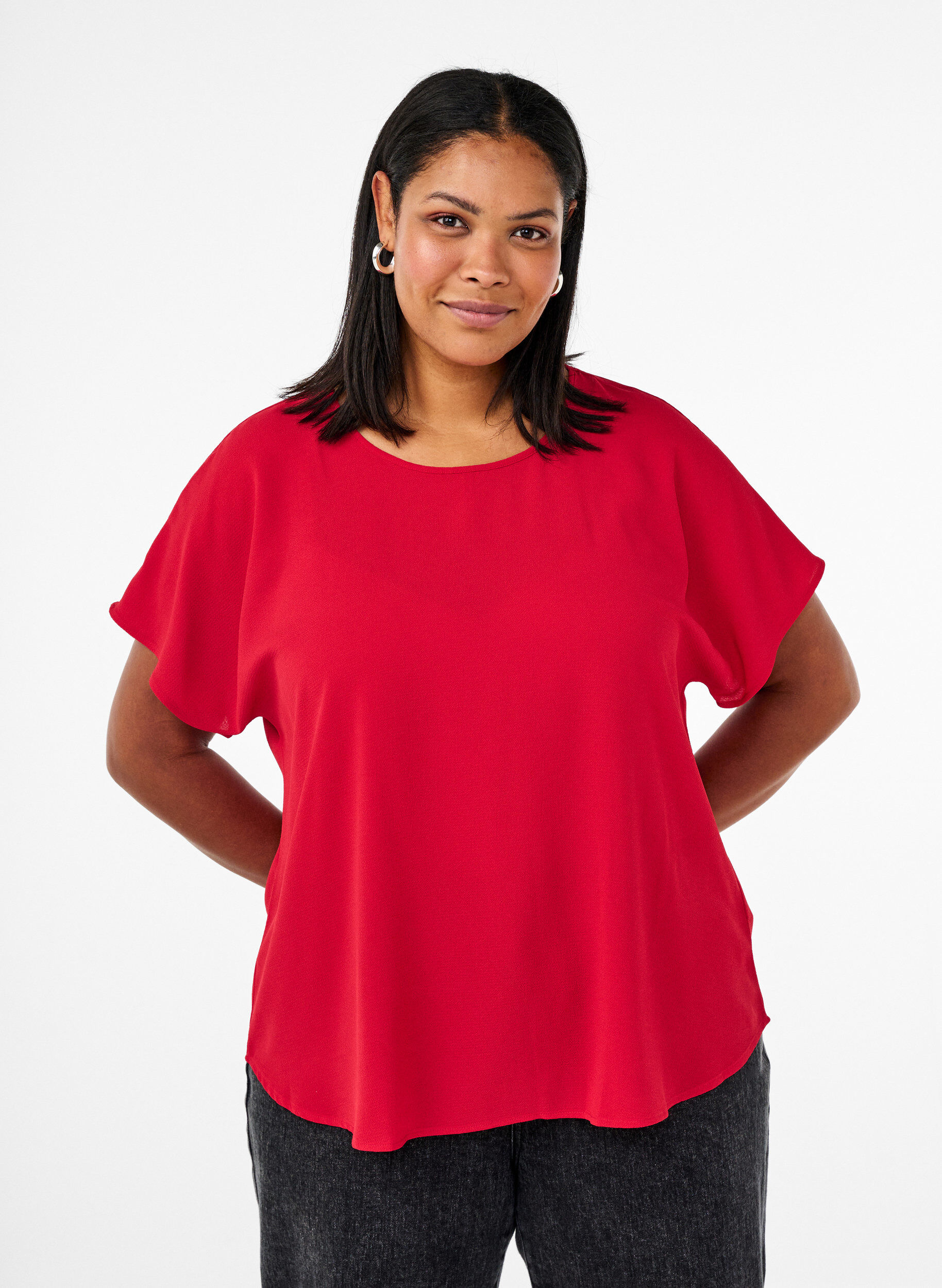 Zizzifashion Blouse with short sleeves and a round neckline, Red, Model image number 0