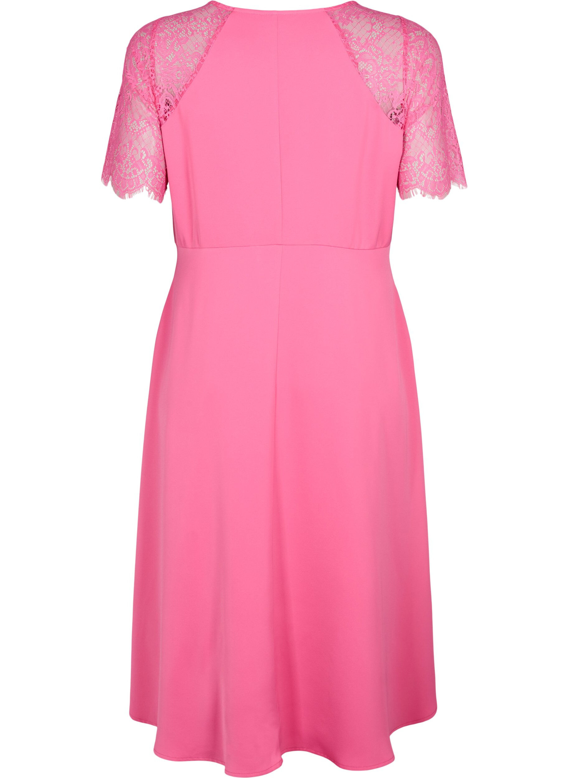 Zizzifashion Midi dress with short lace sleeves, Shocking Pink, Packshot image number 1