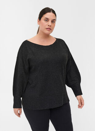 Knit blouse with balloon sleeves, Black, Model image number 0